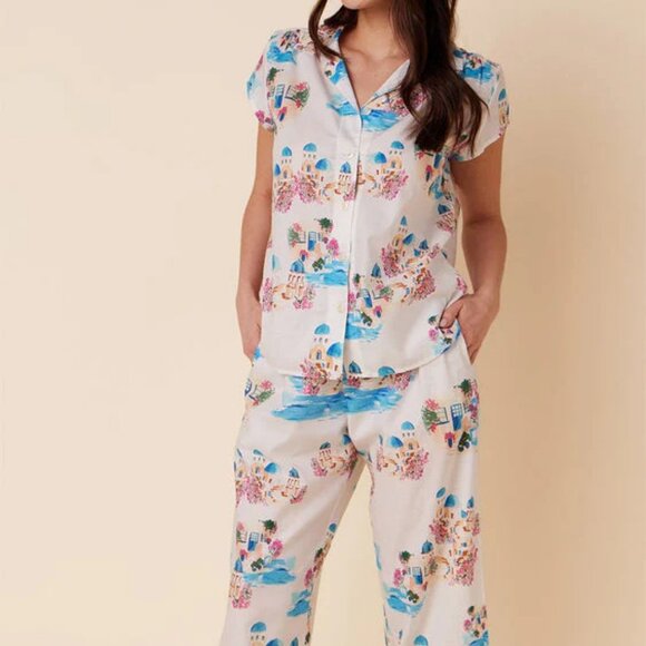 NWT Womens The Cat's Pajamas Santorini Luxe White Multi 2 Pc Set Top Bottom S - Picture 1 of 16